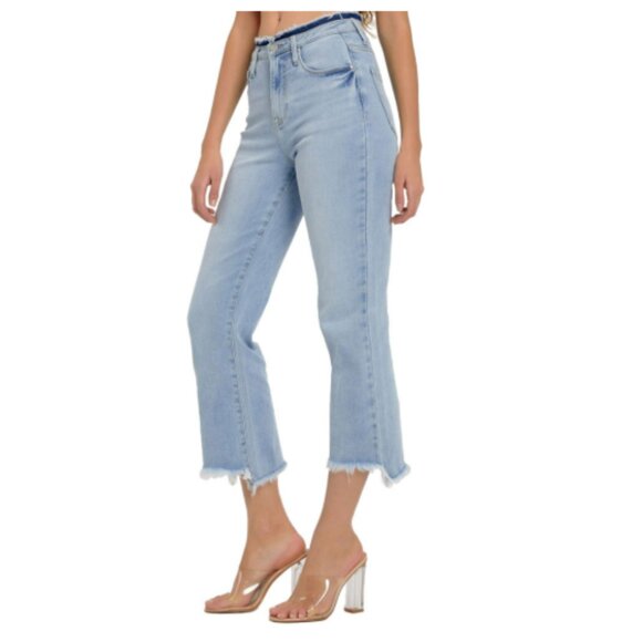 Risen High Rise Crop Flare Jeans Womens 5 Light Wash Frayed Hem Denim - Picture 2 of 7